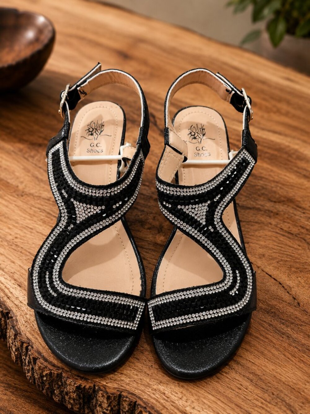 GC Good Choice Caris 8.5M Wedge Sandals Black Rhinestone Dress Heels Womens NWT